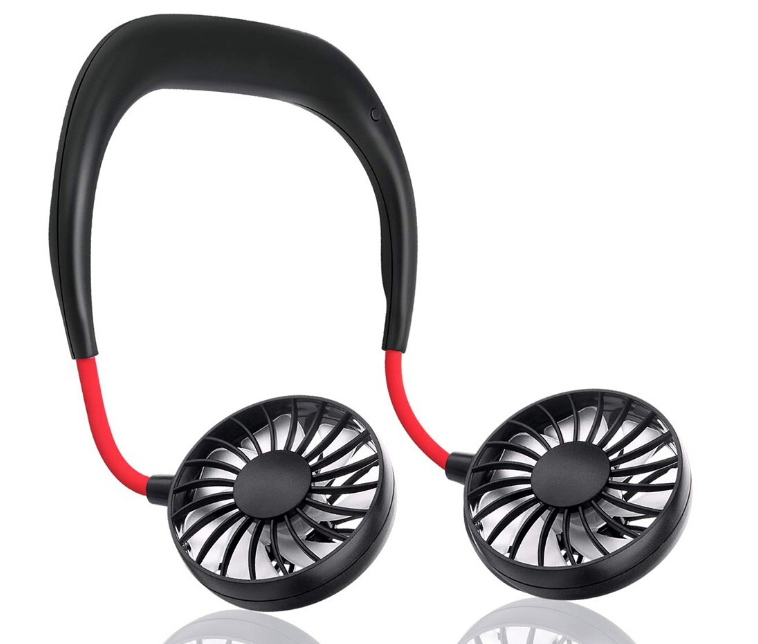 Mini ventilator portabil dublu pentru gat cu acumulator si 3 trepte de viteza ROSU/NEGRU OFF